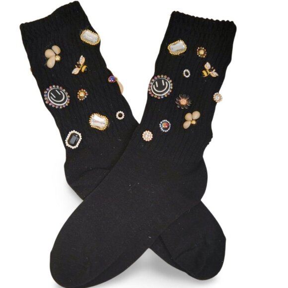 Golden Diamond Embroidered Crystal Charm Black Junk Slouch Socks  TT1516 - Picture 6 of 7